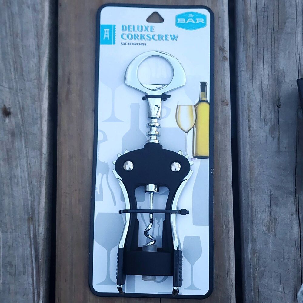 NWT Bar Deluxe Corkscrew Winged Wine Opener Black Chrome Double Lever Bottle